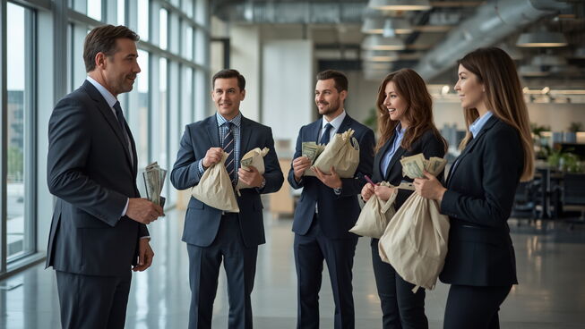 Employees holding money bags reporting to boss