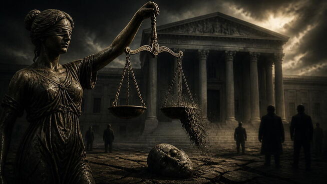illustrate judgment in a society that has forgotten God, with a solemn courthouse, symbolic scales of justice, subtle spiritual emptiness, cracked stone and shadow, contemplative legal atmosphere