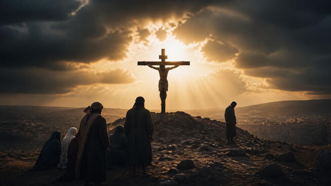 Backlit figure on a Roman cross with people gathered on hill below 