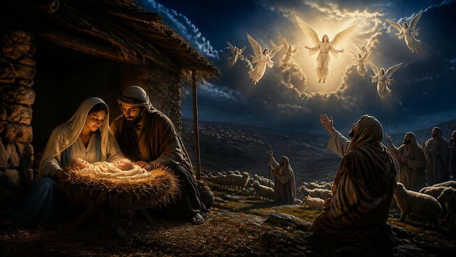 Mary Joseph and Jesus at a manger with shepherds and angels