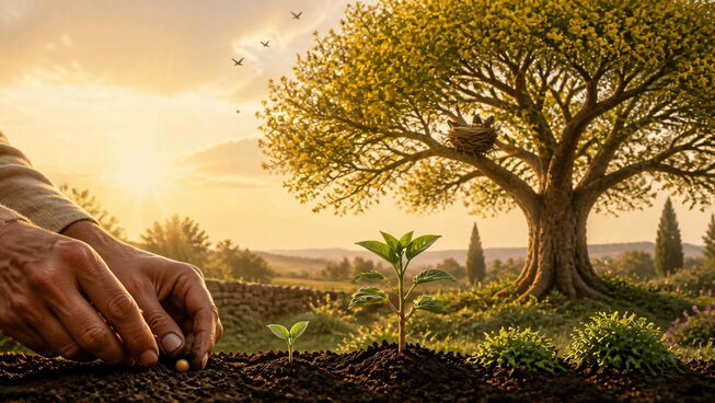 Hand planting tiny seed to plant dominating a garden