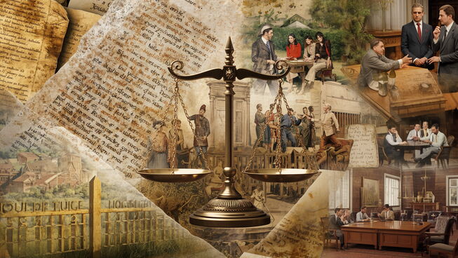 Conceptual image illustrating the connection between ancient conflict resolution and modern legal practice. 