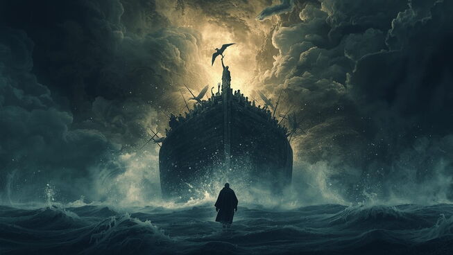 Represents the profound themes of deep corruption, divine judgment, and unwavering faith in the face of unimaginable catastrophe. Evoke a sense of overwhelming chaos and despair in the world, contrasted with a single, resilient figure demonstrating steadfast trust in divine guidance. 